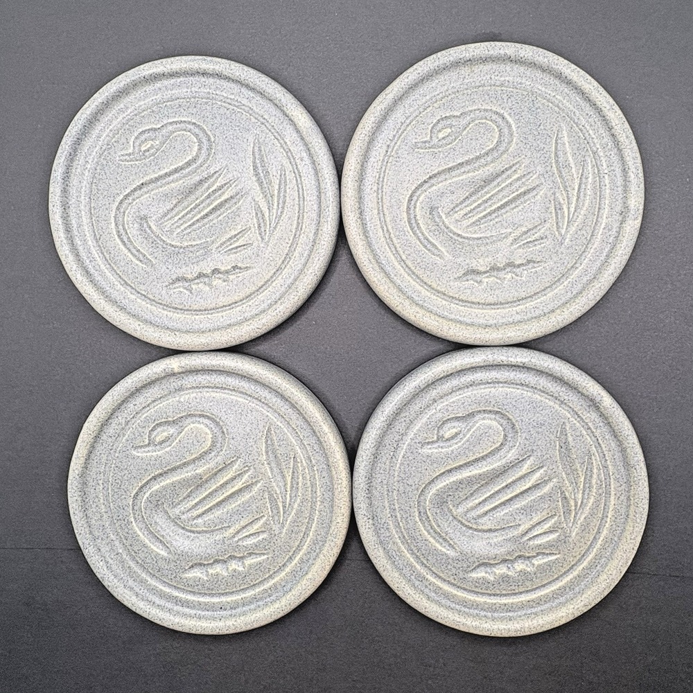 Vintage (4) Pigeon Forge Pottery Butter Mold Swan Coasters Ashtrays Blue Gray